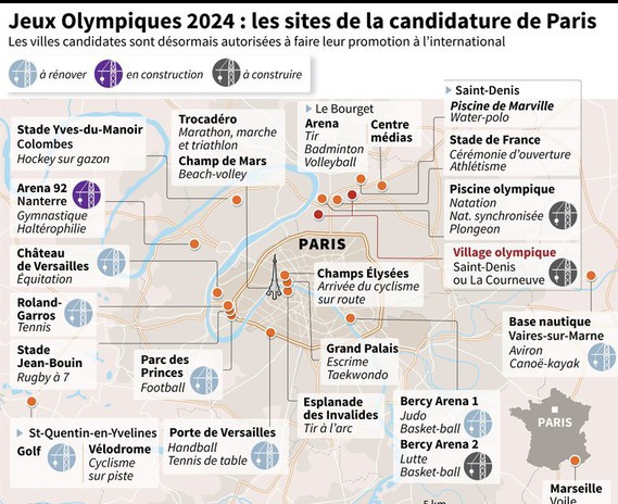Carte des sites pour les Jeux Olympiques 2024